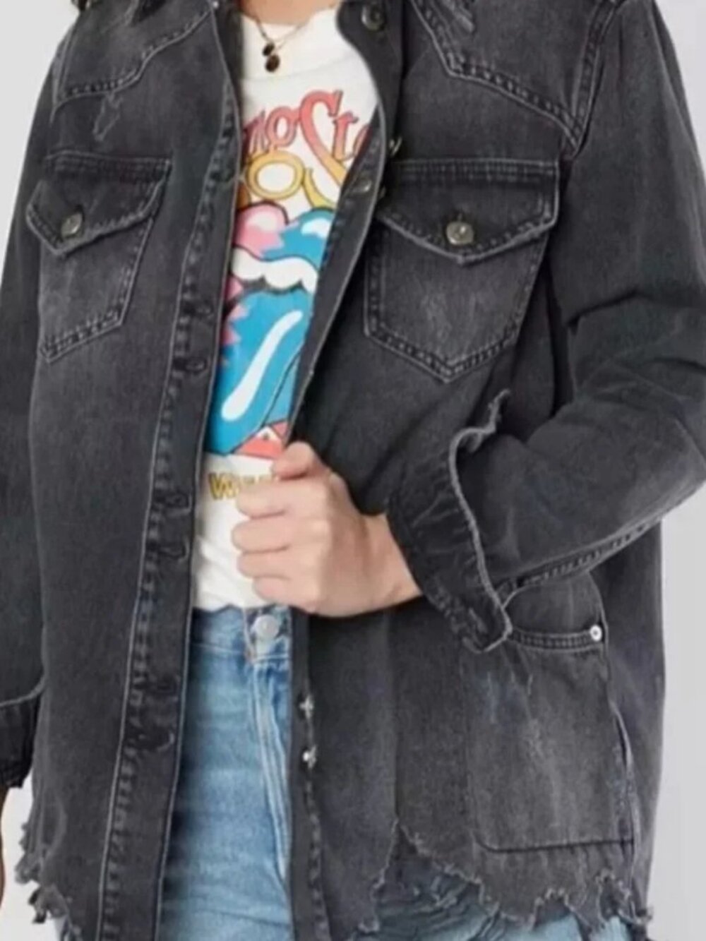 Free People Washed Black Distressed Oversized Denim Jacket - Picture 10 of 11
